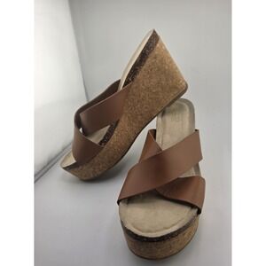 Kenneth Cole Reaction Frodo Cork Wedge Sandals Women's 9.5M Brown Leather Slides